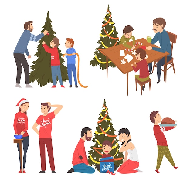 Mensen die de wintervakanties voorbereiden en vieren Mannen Vrouwen en kinderen die de kerstboom versieren en heerlijke gerechten koken en samen een leuke tijd doorbrengen Vectorillustratie