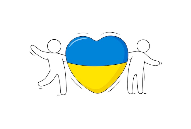 Vector mensen die een hart vasthouden met de kleuren van de vlag van oekraïne ondersteuningsconcept voor oekraïne