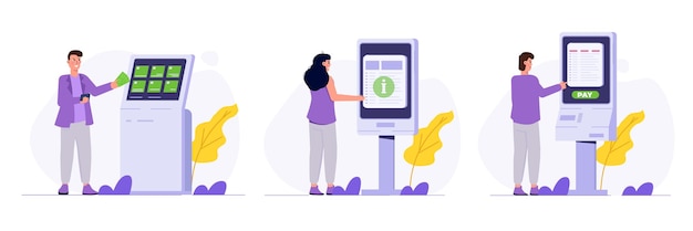 Mensen die een self-service-terminal gebruiken Interactive informatie kiosk concept Flat Vector illustratie voor banner website landing page flyer