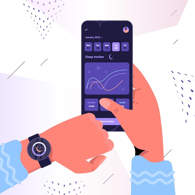 mensen die elektronische slimme horloge-app-tracker gebruiken kwaliteit en kwantiteit slaapcontrole concept vectorillustratie