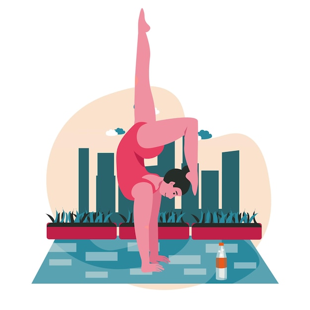 Mensen die het scèneconcept van yogaasana's doen. Vrouw voert handstand uit. Sporttraining, lichaams- en gezondheidszorg, lichamelijke ontwikkeling, mensenactiviteiten. Vectorillustratie van karakters in plat ontwerp