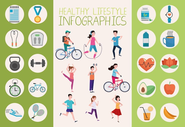 Mensen die oefening en gezonde levensstijlelementen uitoefenen geplaatst illustratie