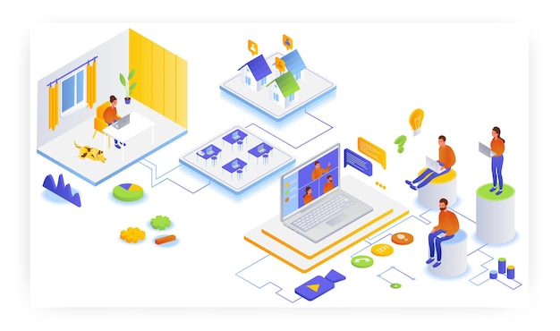 Mensen die op afstand werken vanuit huis platte vector isometrische illustratie thuiskantoor freelance webinar v