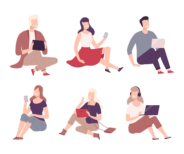 Mensen die op de vloer zitten en digitale apparaten gebruiken, stellen een platte vectorillustratie op