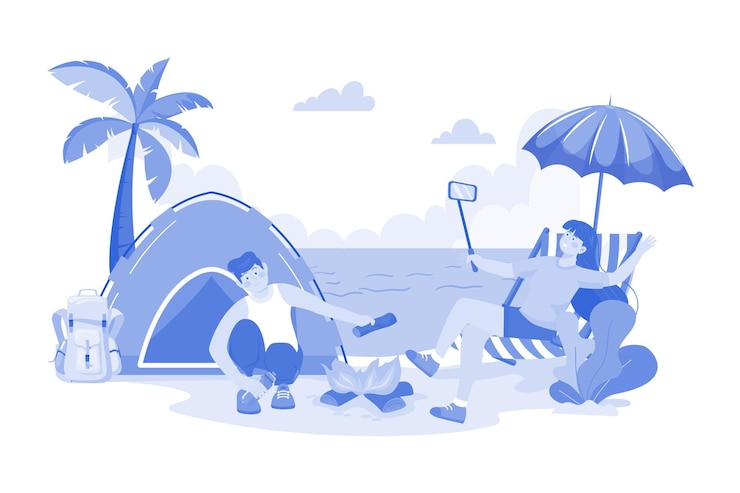 Vector mensen die op het strand kamperen