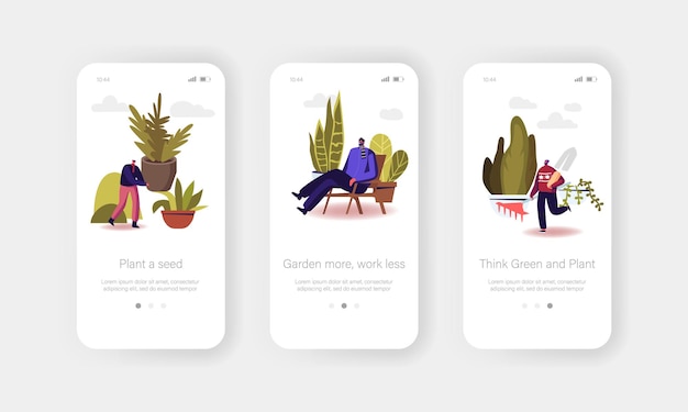 Mensen die planten kweken mobiele app-pagina aan boord van schermsjabloon