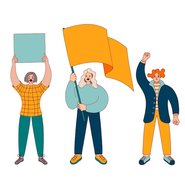 Mensen die protesteren. Activisten met vlag en borden bij rellen. Platte vectorillustratie