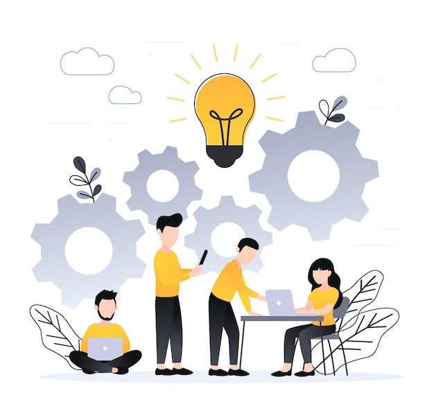 Vector mensen die samenwerken. coworking, freelance, teamwork, communicatie, interactie, idee, onafhankelijk activiteitenconcept, grijs en geel palet. vectorillustratie op witte achtergrond