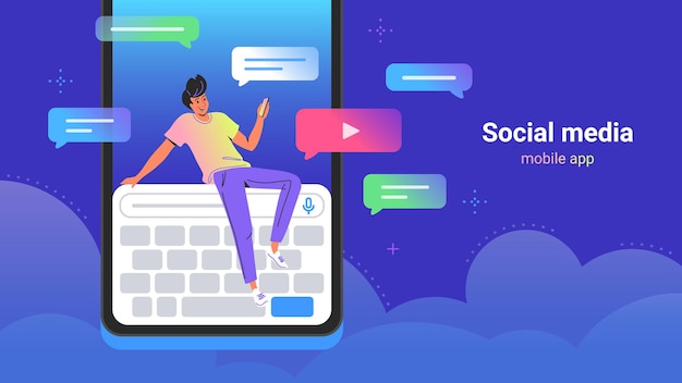 Mensen die sociale media gebruiken om te chatten, video's te delen en zich te abonneren. concept vectorillustratie van jonge man zittend op een groot digitaal toetsenbord en het gebruik van de mobiele app van de smartphone om te sms'en naar vrienden