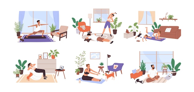 Mensen die thuis trainen, set Mannen en vrouwen doen lichamelijke oefeningen met dumbbells, bal binnen, personages strekken zich, oefenen yoga, pilates, fitness workout, platte geïsoleerde vector illustratie op wit.