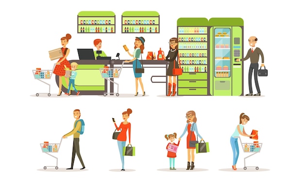 Vector mensen die winkelen in een winkelcentrum collectie klanten die boodschappen kopen in een winkel vector illustratie