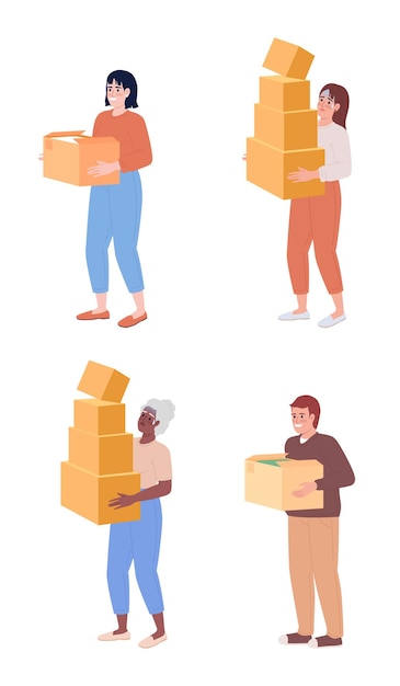Mensen die zware kartonnen dozen dragen, semi-effen vectortekens in kleur
