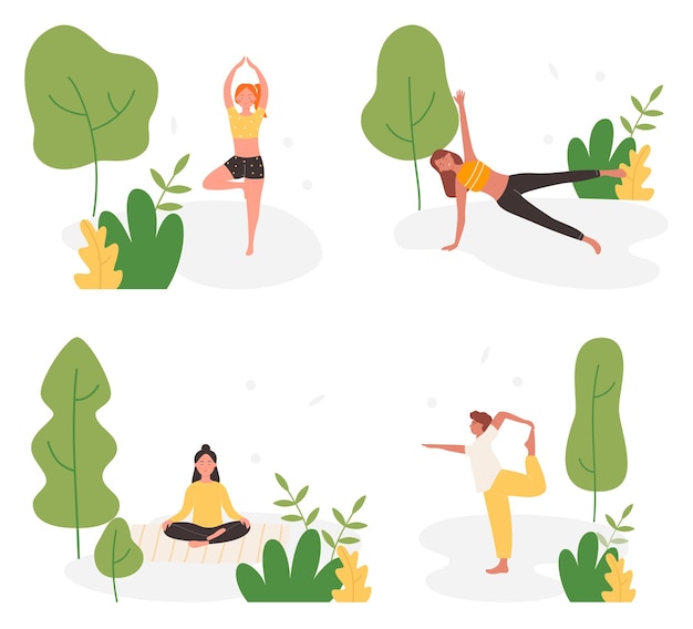 Mensen doen yoga-activiteit in de zomerpark illustratie set.