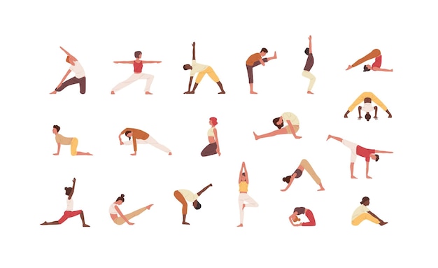 Mensen doen yoga platte vector illustraties set. Mannelijke en vrouwelijke stripfiguren oefenen. Mannen en vrouwen die Asana geïsoleerde collectie op witte achtergrond beoefenen. Lichamelijke activiteit, training.