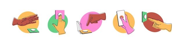 Mensen drukken op knoppen met de vingers ingesteld Kleurige handen aanraken druk klik om de lancering te activeren Persoon tikt op het telefoonscherm schakelt aan en uit Platte geïsoleerde vector illustratie op witte achtergrond