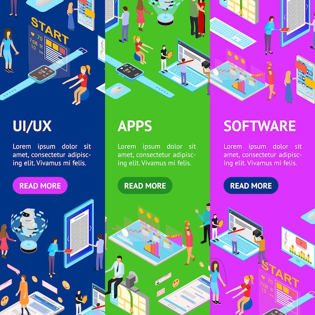Mensen en App Interfaces Concept Banner Vecrical Set 3d Isometric View Vector