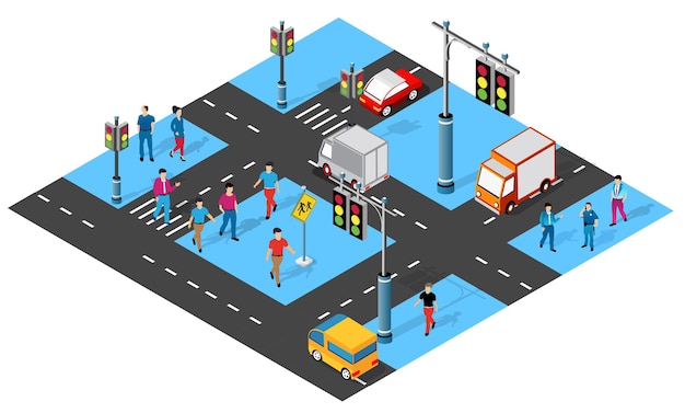 Mensen en auto's rijden op een drukke stadsovergang met voetgangersovergangen en verkeerslichten