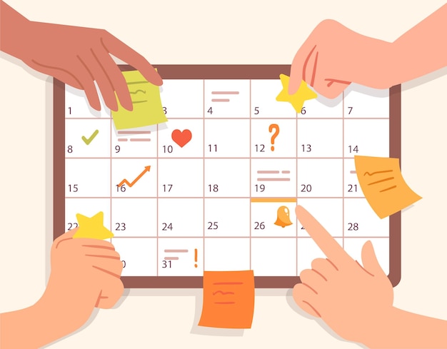 Mensen- en schemaconcept Kleverige aantekeningen op kantoor Kalender- en schemaplanning Organisatie van een effectieve werkstroom en tijdmanagement op de werkplek Cartoon vlakke vectorillustratie