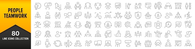 Mensen en teamwerk lijn iconen collectie Grote UI icon set in een plat ontwerp Dunne omtrek iconen pack Vector illustratie EPS10