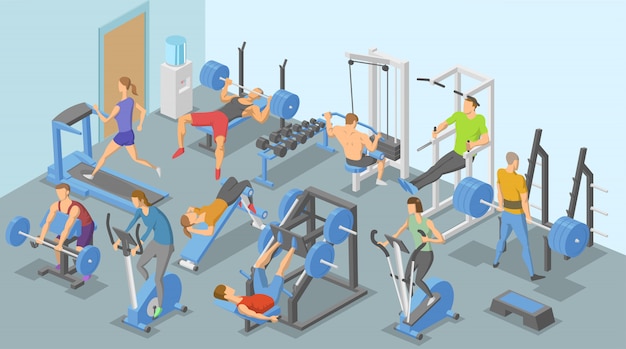 Mensen en trainingsapparatuur in de sportschool, verschillende soorten fysieke oefeningen. Isometrische illustratie. Horizontaal