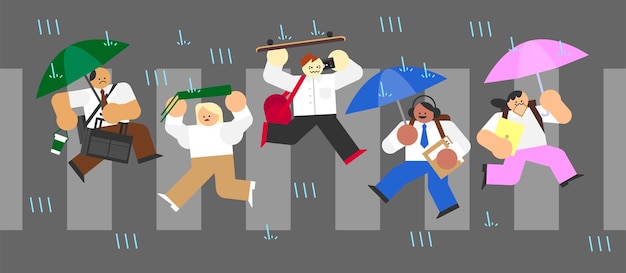 Mensen gaan werken op regenachtige dag Flat Design Character Illustration