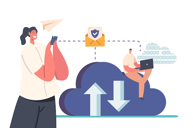Vector mensen gebruiken digitale webgebaseerde cloudservice of applicatie die gegevens overdraagt naar server of hostingopslagoverdracht