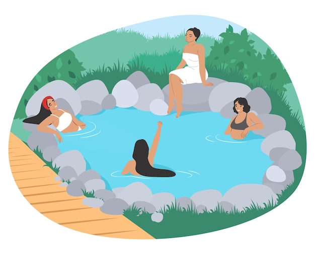 Mensen genieten van outdoor thermale spa water zwembad platte vector illustratie onsen japanse natuurlijke hot s...