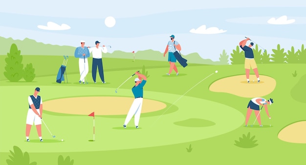 Mensen golfen op cursus professionele golfers met clubs Mannen en vrouwen golfer tekens op veld golf competitie vectorillustratie sportman uitoefening van buiten bedrijf apparatuur