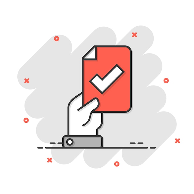 Mensen hand met vinkje pictogram in komische stijl Accepteer cartoon vectorillustratie op witte geïsoleerde achtergrond Goedkeuring keuze splash effect bedrijfsconcept