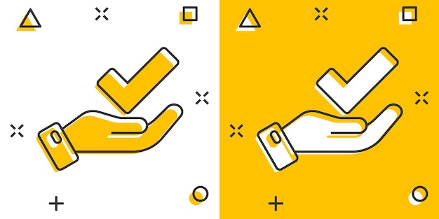 Mensen hand met vinkje pictogram in komische stijl Accepteer cartoon vectorillustratie op witte geïsoleerde achtergrond Goedkeuring keuze splash effect bedrijfsconcept