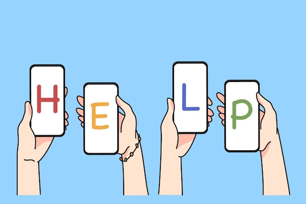 Mensen handen met mobiele telefoons vragen om hulp