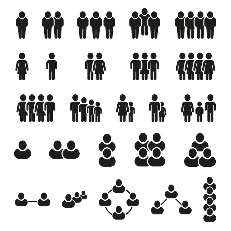 Vector mensen iconen groep van werknemers personen zakelijke gemeenschap medewerkers team web of line mens gezinnen en werknemers mannen of vrouwen lichaamsfiguren vector zwarte silhouet symbolen set
