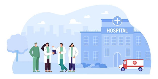 Mensen in apothekers- of doktersuniformen voor het ziekenhuis. Groep mannen en vrouwen als medisch personeel platte vectorillustratie. Geneeskunde, gezondheidsconcept voor banner, websiteontwerp of bestemmingswebpagina