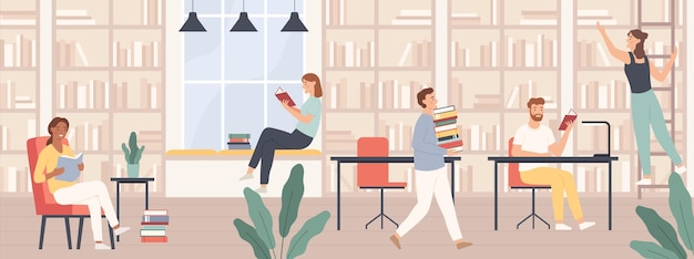 Mensen in bibliotheek. Mannen en vrouwen lezen boek, studenten studeren met boeken en gadgets in het interieur vectorconcept van de openbare bibliotheek. Meisje op ladder krijgt boek, mensen aan bureaus en stoelen