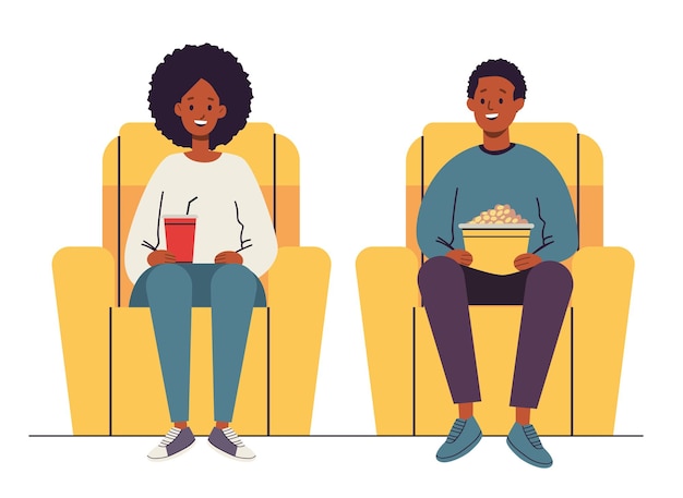 Mensen in bioscoopstoelen genieten van snacks kleurrijke illustratie toont twee individuen die in gele theaterstoelen zitten met popcorn en een drankje glimlachend