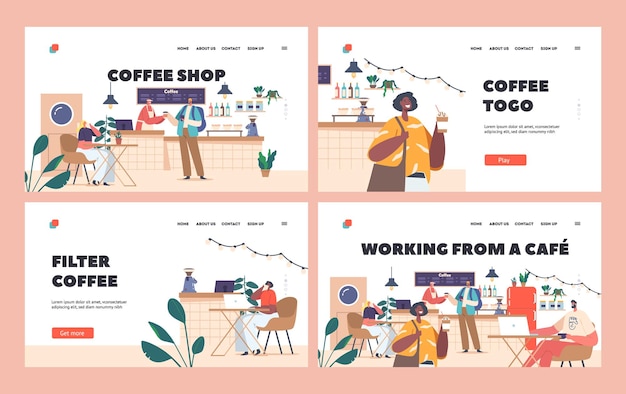 Mensen in Cafe Landing Page Template Set Klanten in Coffee Shop nippen aan koffie Werken op laptops