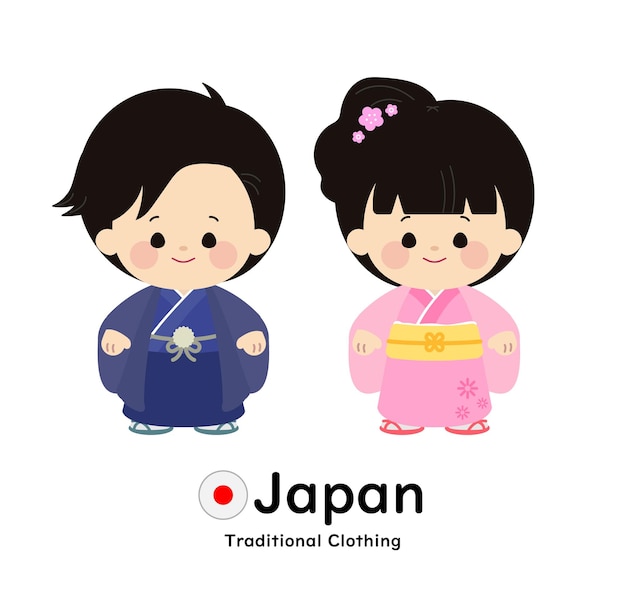 Mensen in chibi-stijl die traditionele kleding uit japan dragen