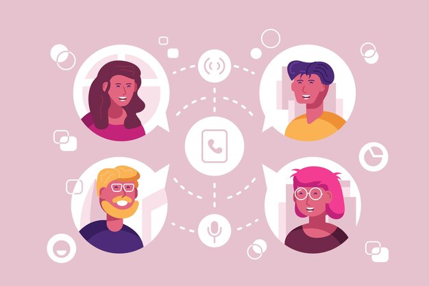 Vector mensen in contact vectorillustratie mannen en vrouwen die met elkaar communiceren via moderne middelen om verbinding te maken, zoals een telefoongesprek en een videolink in vlakke stijl