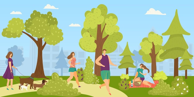 Mensen in het buitenpark, vectorillustratie. Vrouw man karakter rennen naar de natuur, stadslevensstijl voor platte jongere. Meisje bij de activiteit van de zomerwandeling met honden, gelukkig familiepaar bij picknick.