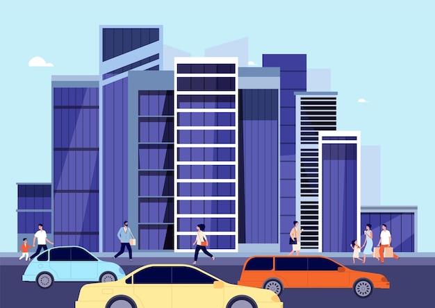 Mensen in het centrum van spring stadslandschap auto op stadsweg persoon lopen winkel modern stedelijk gebouw en vervoer volslagen vector panorama