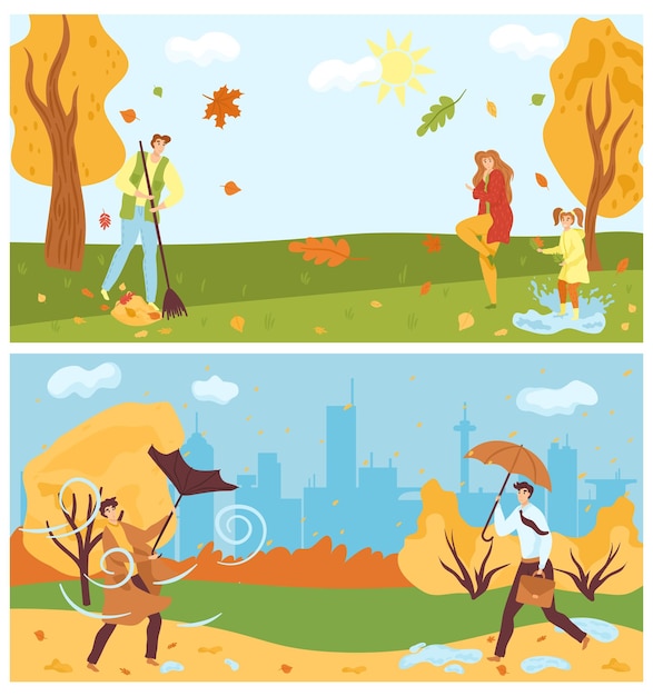 Mensen in het herfstpark vallen seizoen op de natuur leuke herfstbanners instellen vectorillustratie Wandelen springen op plas