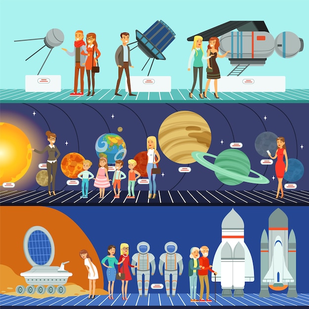 Vector mensen in het planetarium, innovatie-onderwijsmuseum horizontale illustraties