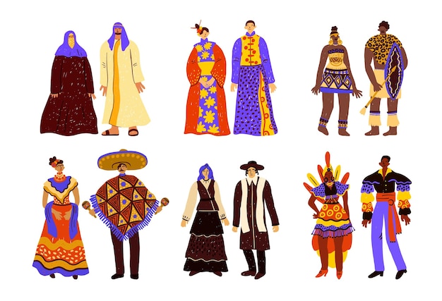 Mensen in klederdracht Cartoon grappige koppels in traditionele slijtage Joden en Mexicanen Chinese familie Arabieren en Afrikanen karakters Etnische outfits Nationaliteit mode Stijlvolle vector set