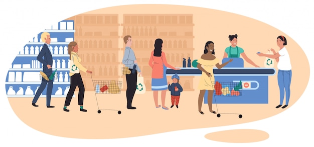 Mensen in kruidenierswinkelopslag, lijn bij kassa, supermarktklanten, illustratie