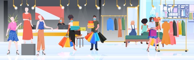 Mensen in maskers lopen met aankopen zwarte vrijdag grote verkoop promotie korting concept winkelcentrum interieur volledige lengte horizontale vectorillustratie