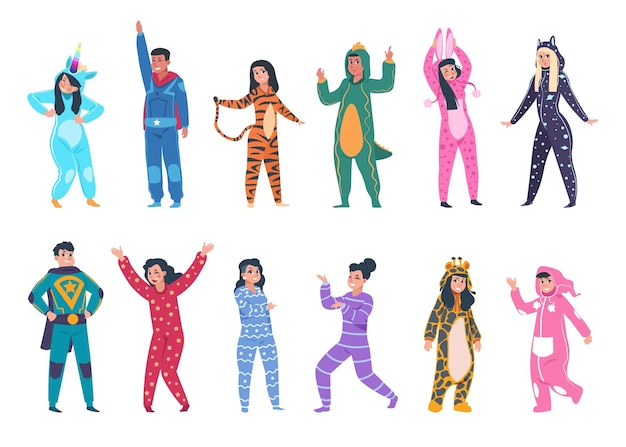 Mensen in pyjama Cartoon mannen en vrouwen dragen gezellige kleding om te slapen Geïsoleerde grappige pakken met dierlijke prints superhelden en fictie karakters kostuums Vector overalls set