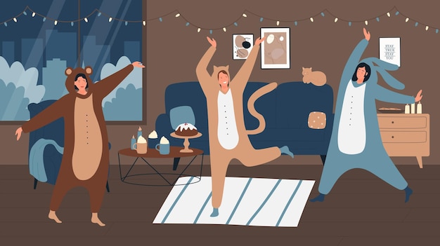 Mensen in pyjama's hebben een feestje thuis illustratie