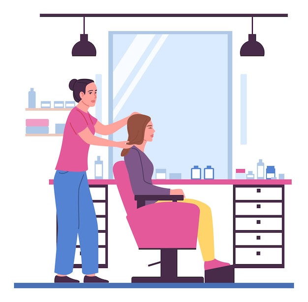 Mensen in schoonheidssalon Haarstyling Kapper met klant Kapper beroep Vrouw zittend op fauteuil Professioneel kapsel Barbershop-werknemer die kapsel maakt Vector illustratie