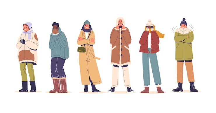 Vector mensen in winterkleding staan in koud weer ze zijn gekleed in jassen sjaals en hoeden