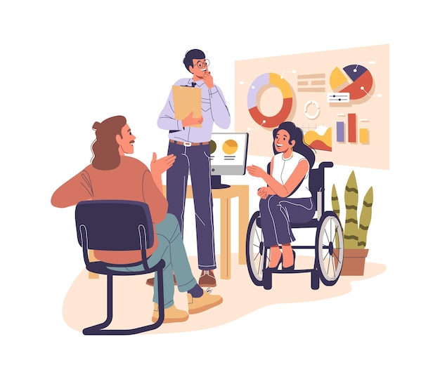 Mensen kantoorwerkers brainstorming in het kantoor het tonen van veerkracht aan collega met een handicap